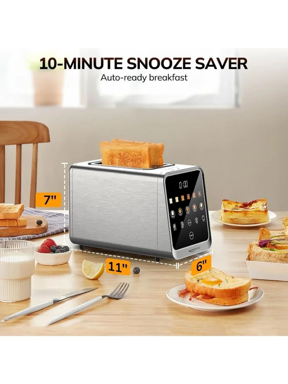 2 Slice Silver Stainless Steel 1.5-Inch Wide Slots 5-Degree Touchscreen Toaster
